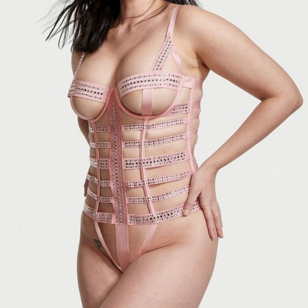 Victoria's Secret Bondage Teddy Dusk Pink with Rhinestones